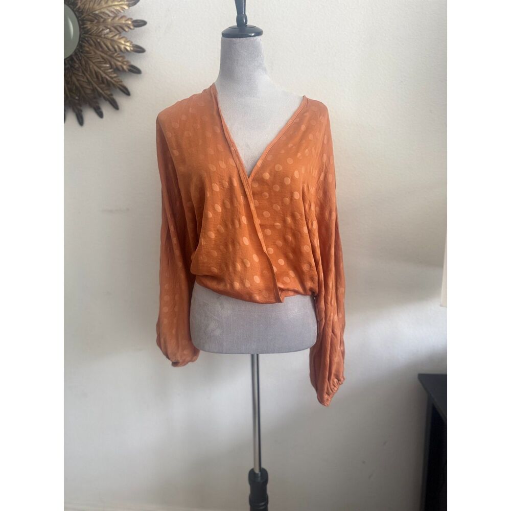 Tulip J317 Copper Satin Jacquard Polka Dot Faux Wrap Blouse Size M/L